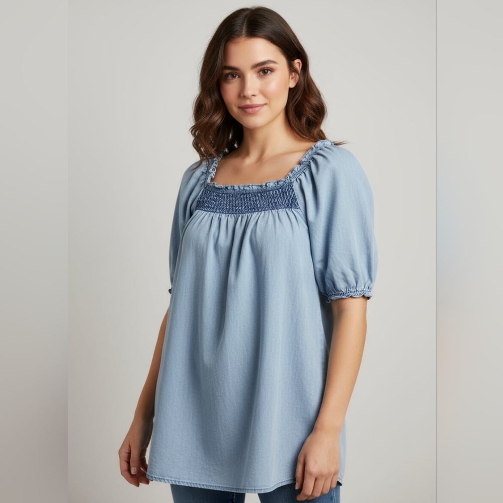 A.N.A Light Blue Denim-Look Smocked Square Neck Dress L